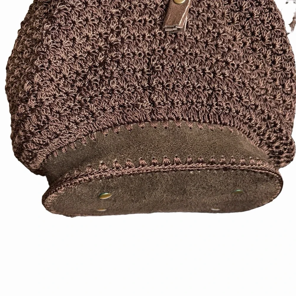 Puro Cuero Crochet Backpack Dark Brown Suede Trim Boho Festival Bucket Bag